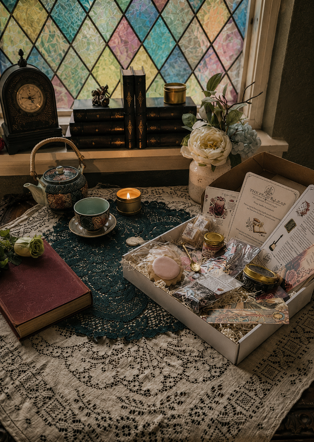 A styled flat-lay of a tea gift box set on a lace runner in front of a stained-glass window. The box contains various tea bags, small jars, and accessories, surrounded by a vintage teapot, books, a candle, and a book on a patterned tablecloth.