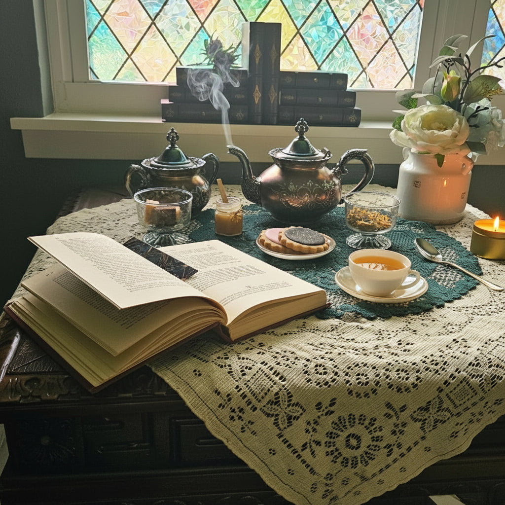 A cozy tabletop scene by a stained-glass window with a lace tablecloth, an open book, a teapot, a teacup and saucer, cookies, candles, and flowers. No person is present, but this is not a clean isolated product shot; it is styled in a real interior environment, so subject_type is Lifestyle.